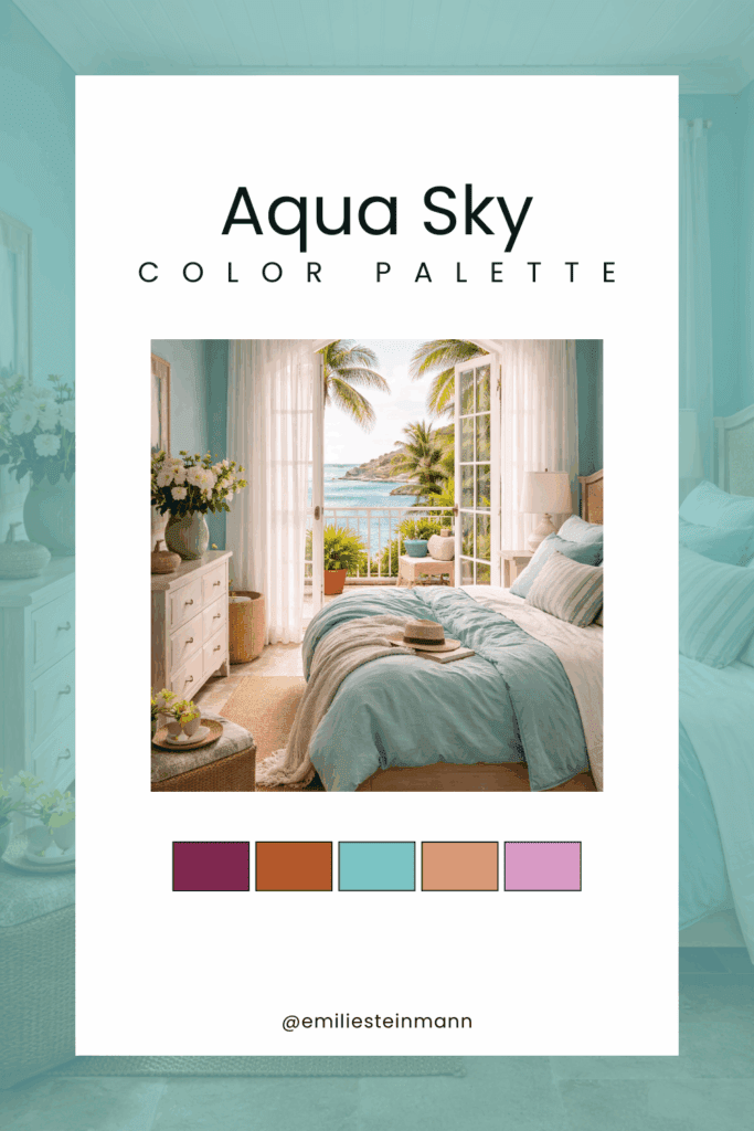 Pinterest graphic featuring an Aqua Sky coastal bedroom with soft aqua bedding, airy white furnishings, palm-lined ocean views, and coordinating swatches inspired by the Pantone Color of the Year palette.