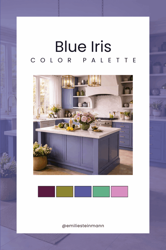 Pinterest graphic featuring a Blue Iris kitchen interior with soft blue cabinetry, marble surfaces, warm brass accents, floral details, and coordinating swatches inspired by the Pantone Color of the Year palette.