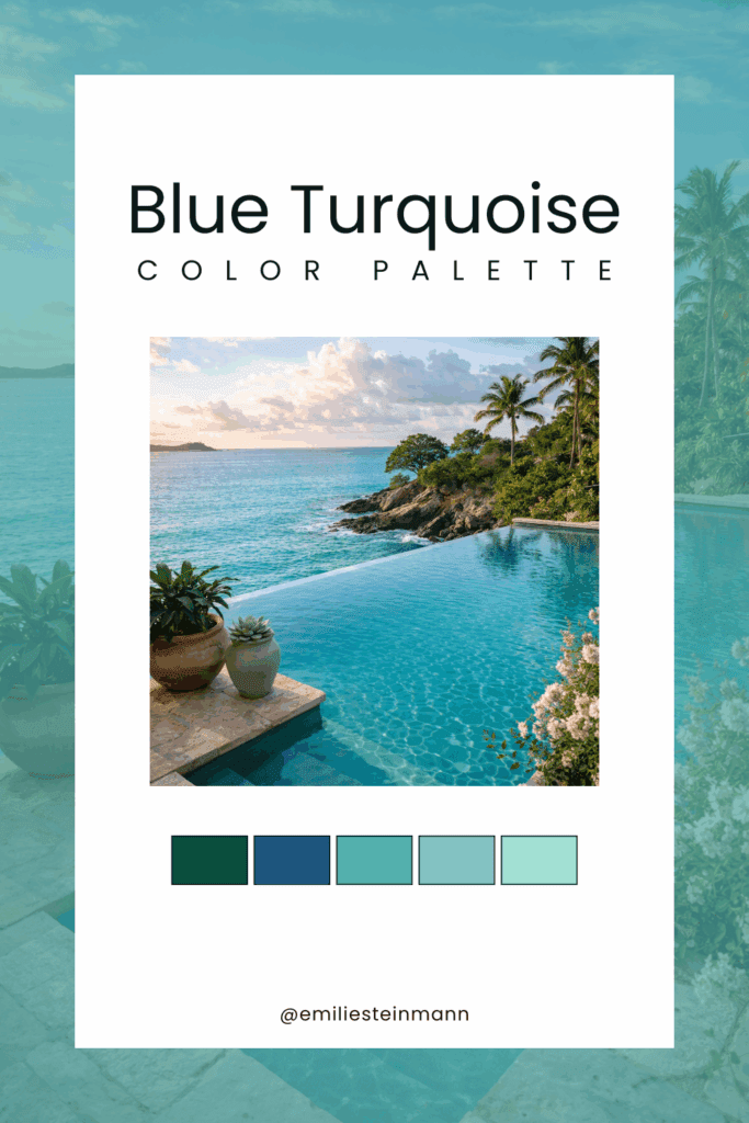 Pinterest graphic featuring a Blue Turquoise coastal pool scene with clear turquoise water, ocean views, lush greenery, and layered blue-green swatches inspired by the Pantone Color of the Year palette.