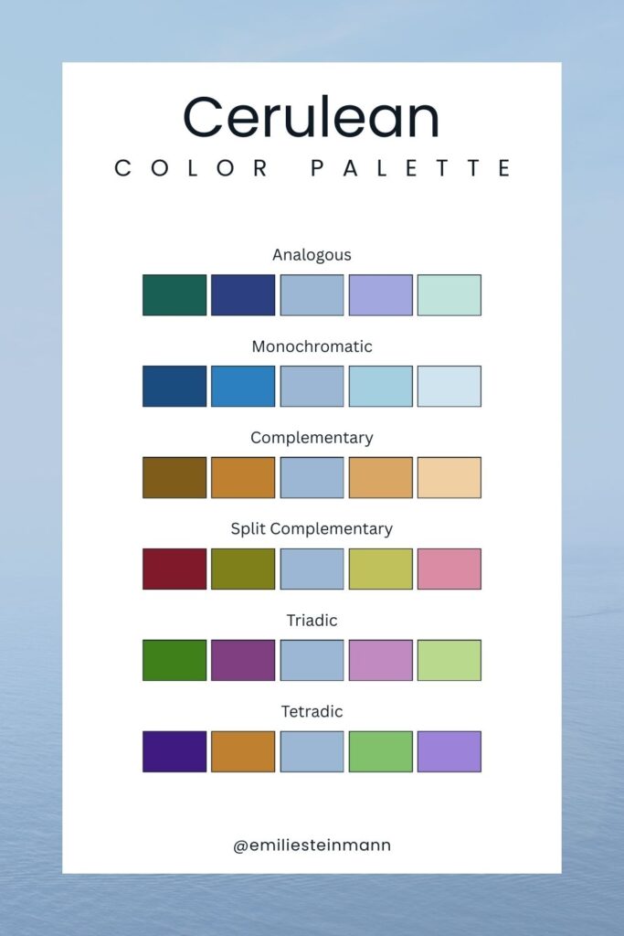 Pantone Color of the Year Cerulean (2000) color palette graphic featuring coordinated color harmonies including analogous, monochromatic, complementary, split complementary, triadic, and tetradic palettes.