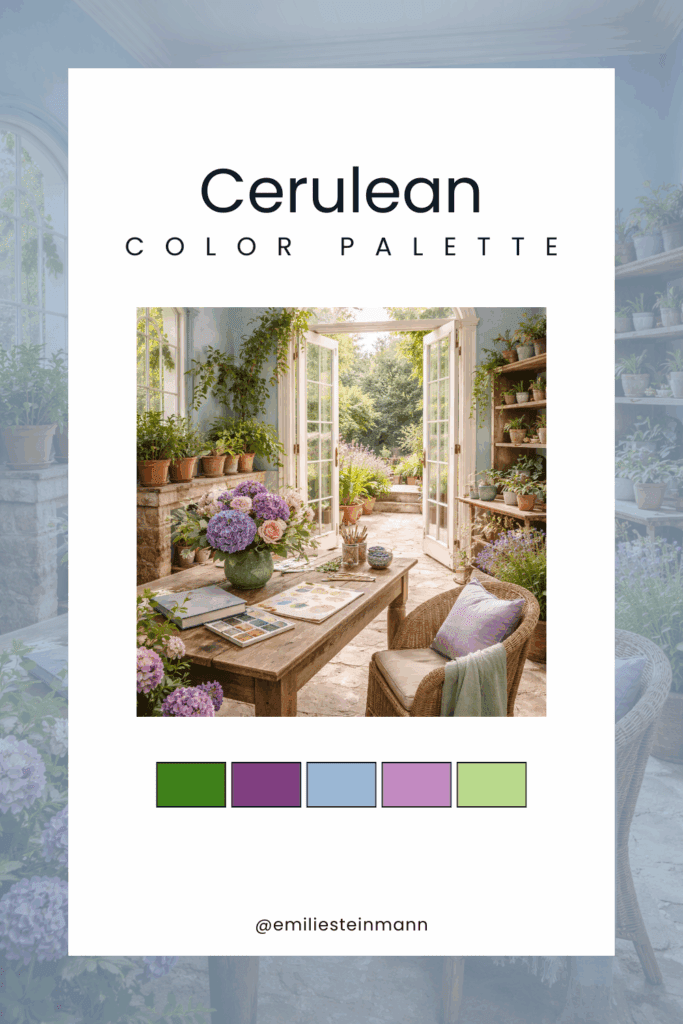 Pinterest graphic featuring a Cerulean artist studio with soft blue walls, natural wood furniture, potted plants, floral arrangements, and coordinating swatches inspired by the Pantone Color of the Year palette.