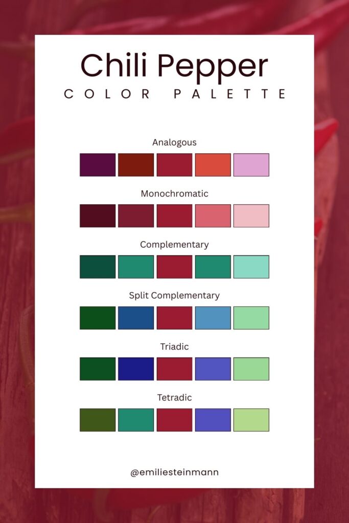 Pantone Color of the Year Chili Pepper color palette graphic illustrating bold red-based color harmonies across analogous, monochromatic, complementary, split complementary, triadic, and tetradic palettes.