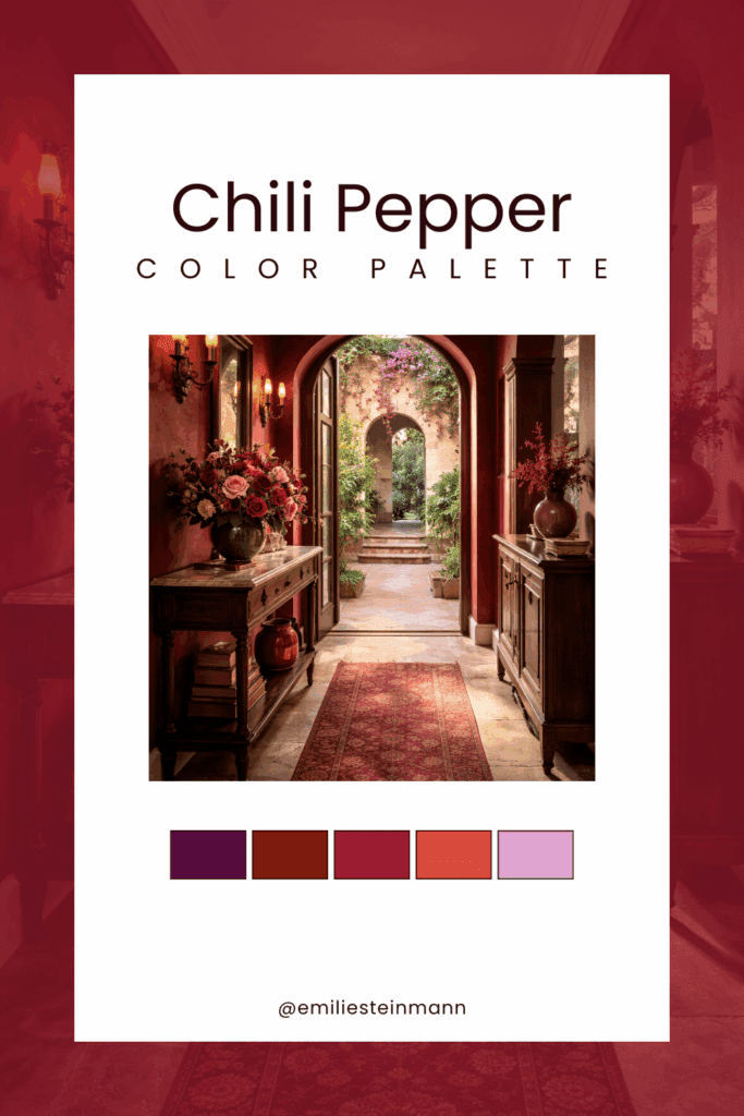 Pinterest graphic featuring a Chili Pepper–inspired interior hallway with deep red walls, warm wood furniture, floral accents, and coordinating swatches inspired by the Pantone Color of the Year palette.