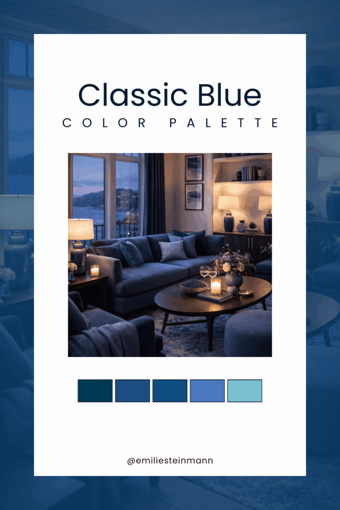Pinterest graphic featuring a Classic Blue living room interior with deep blue seating, warm lighting, layered blue tones, and coordinating swatches inspired by the Pantone Color of the Year palette.