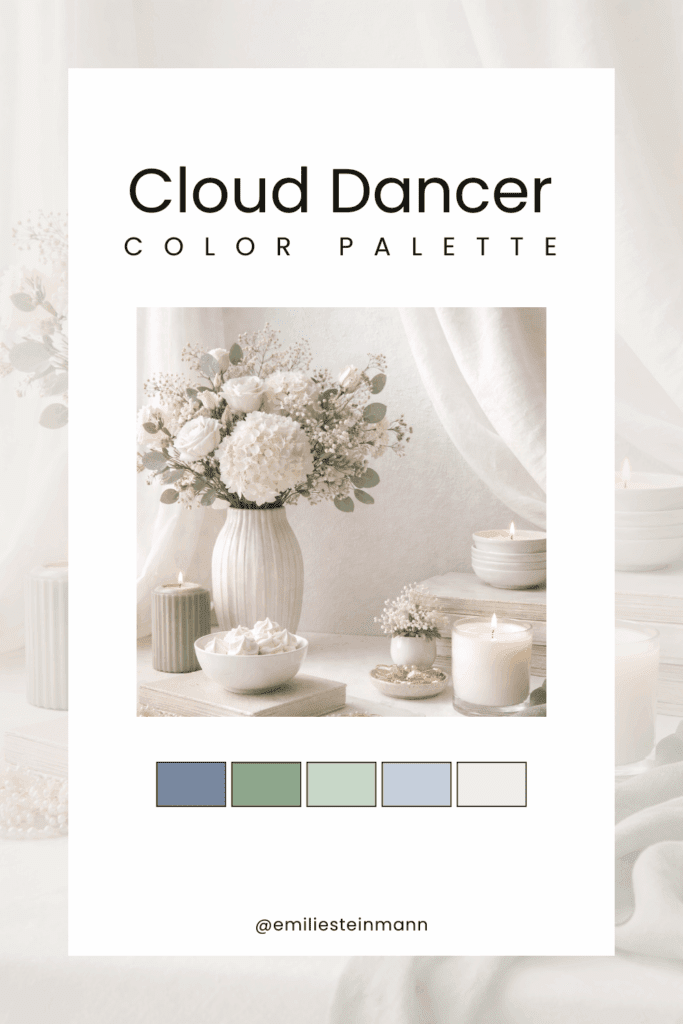 Pinterest graphic featuring a Cloud Dancer–inspired neutral floral still life with soft whites, sage green, pale blue, and warm gray swatches, inspired by the Pantone Color of the Year palette.
