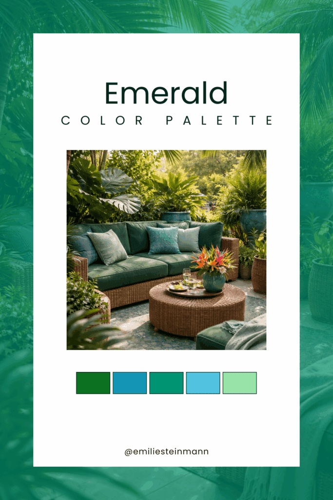 Pinterest graphic featuring an Emerald outdoor lounge with lush tropical greenery, deep green seating, teal and aqua accents, and coordinating swatches inspired by the Pantone Color of the Year palette.