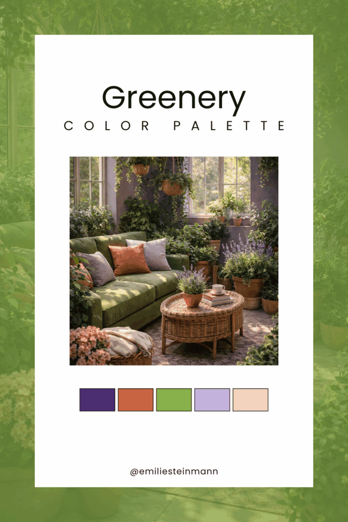 Pinterest graphic featuring a Greenery indoor garden living space with lush plants, natural textures, warm clay accents, soft lavender tones, and swatches inspired by the Pantone Color of the Year palette.