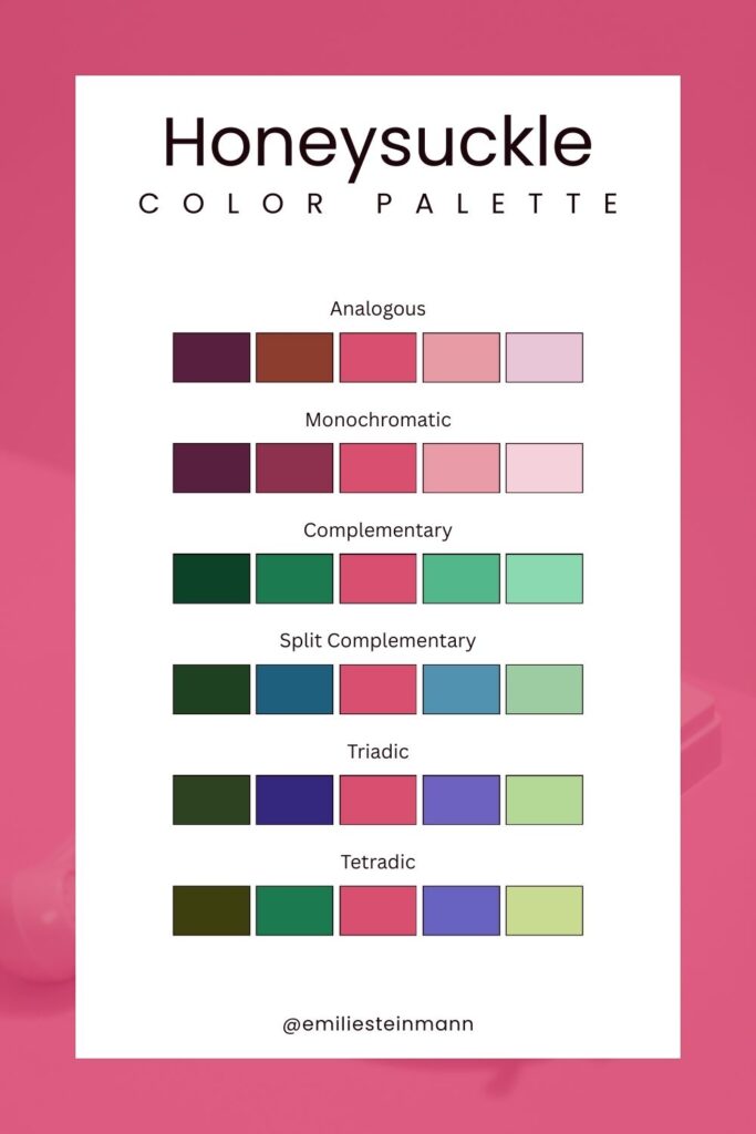Pantone Color of the Year Honeysuckle color palette graphic featuring vibrant pink tones with multiple harmony schemes including analogous, monochromatic, and complementary.
