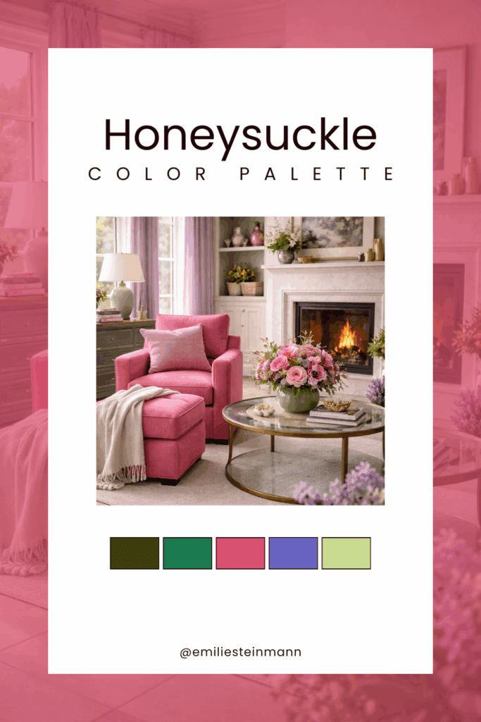 Pinterest graphic featuring a Honeysuckle living room scene with a pink upholstered chair, floral arrangement, warm fireplace glow, soft green and lavender accents, and swatches inspired by the Pantone Color of the Year palette.