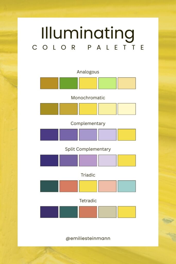 Pantone Color of the Year Illuminating color palette chart highlighting yellow-based color harmonies including complementary and triadic schemes.
