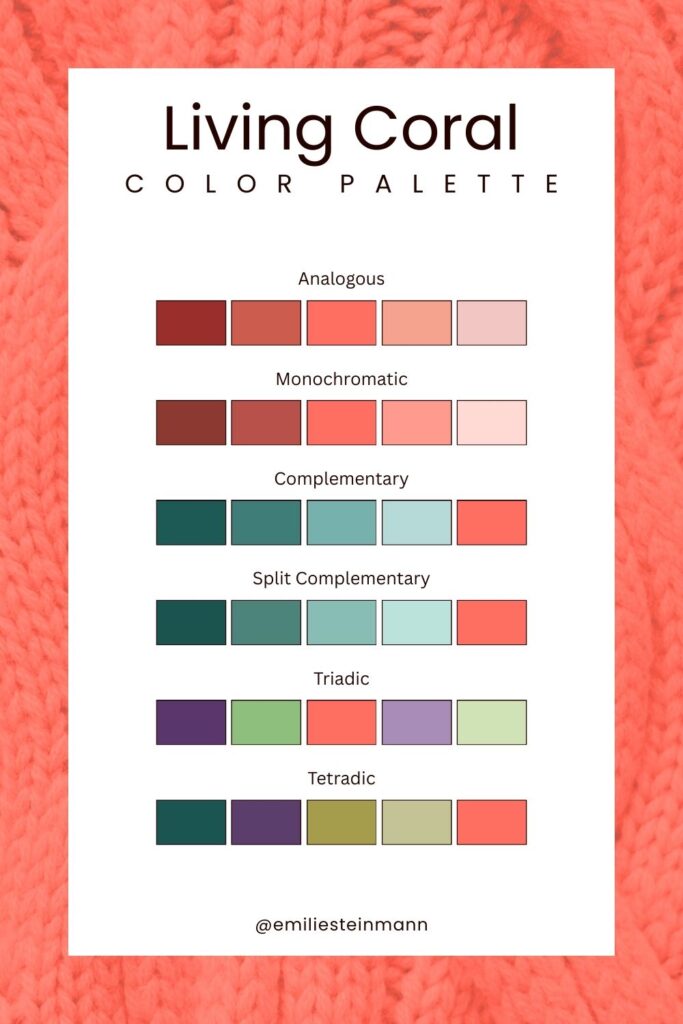Pantone Color of the Year Living Coral color palette chart displaying coral tones with complementary, split complementary, and tetradic colors.