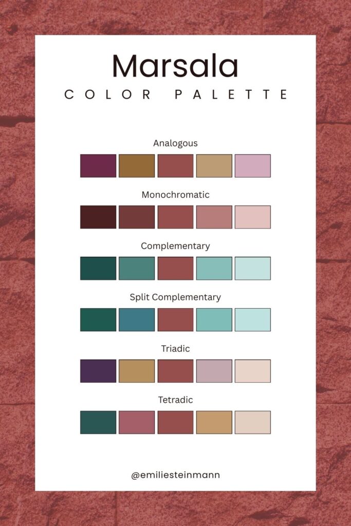Pantone Color of the Year Marsala color palette with warm red-brown tones displayed in analogous, monochromatic, complementary, split complementary, triadic, and tetradic schemes.