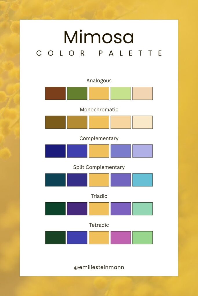 Pantone Color of the Year Mimosa color palette graphic displaying warm yellow hues with coordinated color harmonies for design inspiration.