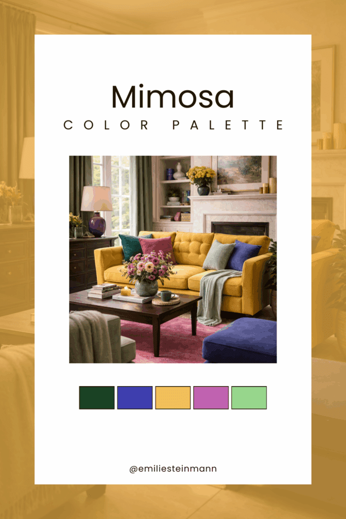 Pinterest graphic featuring a Mimosa living room interior with a golden yellow sofa, bold jewel-tone accents, warm natural light, and coordinating swatches inspired by the Pantone Color of the Year palette.