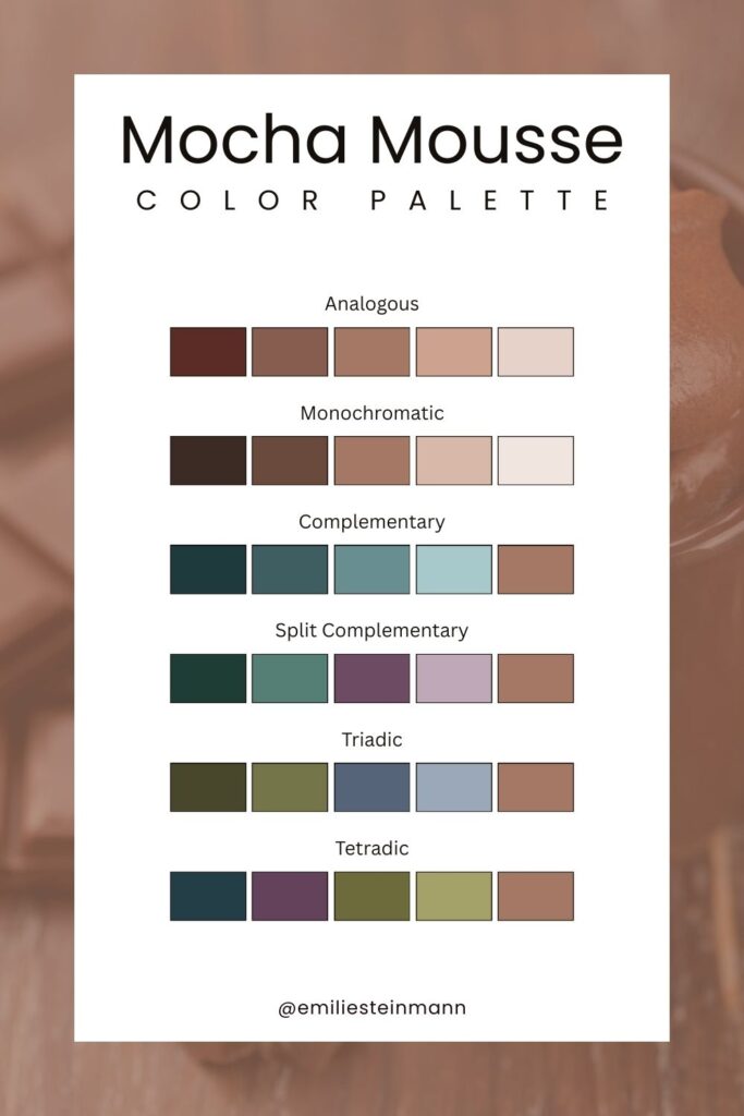 Pantone Color of the Year Mocha Mousse color palette featuring warm brown hues arranged in analogous, monochromatic, complementary, split complementary, triadic, and tetradic schemes.