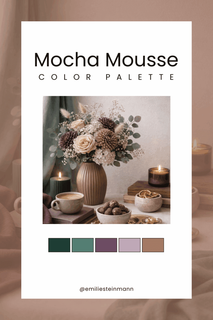 Pinterest graphic showing a Mocha Mousse floral still life with warm browns, muted plum, dusty mauve, and deep green swatches, inspired by the Pantone Color of the Year palette.