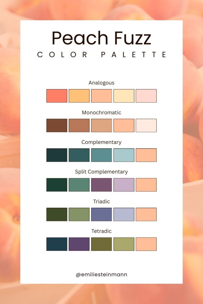 Pantone Color of the Year Peach Fuzz color palette displaying soft peach tones across analogous, monochromatic, complementary, split complementary, triadic, and tetradic color harmonies.