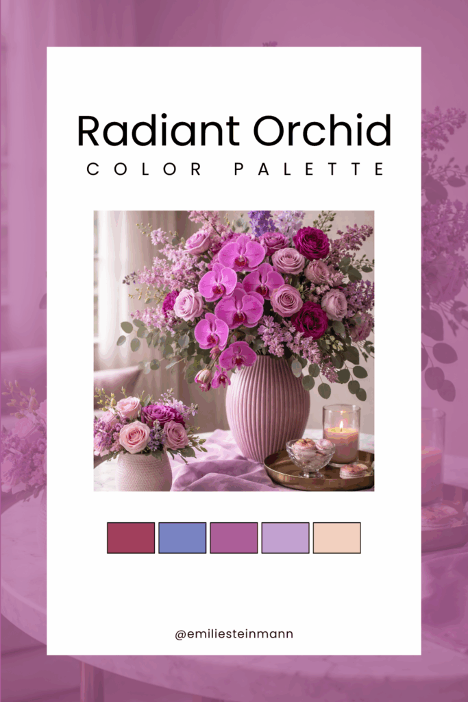Pinterest graphic featuring a Radiant Orchid floral still life with vibrant orchid blooms, layered pink and purple tones, soft candlelight, and swatches inspired by the Pantone Color of the Year palette.