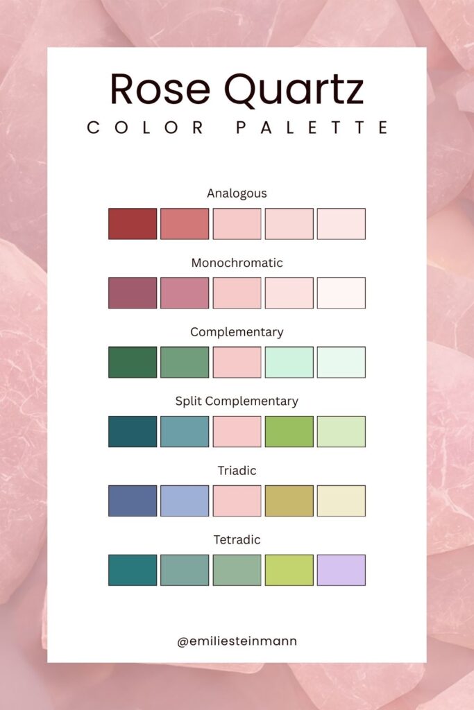 Pantone Color of the Year Rose Quartz color palette presenting soft blush pink tones across analogous, monochromatic, complementary, split complementary, triadic, and tetradic palettes.