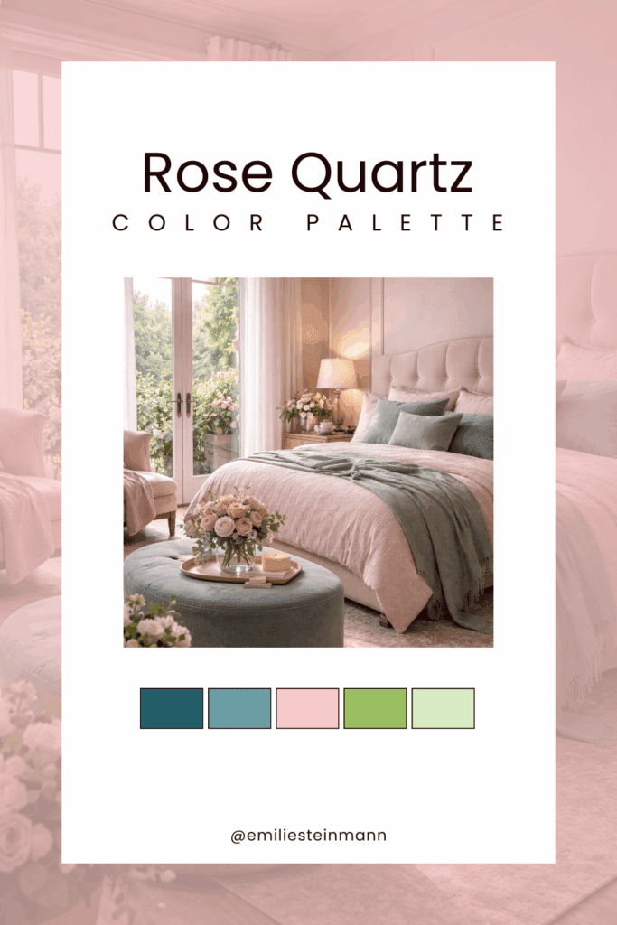 Pinterest graphic featuring a Rose Quartz bedroom interior with soft blush bedding, sage and teal accents, natural light, and coordinating swatches inspired by the Pantone Color of the Year palette.