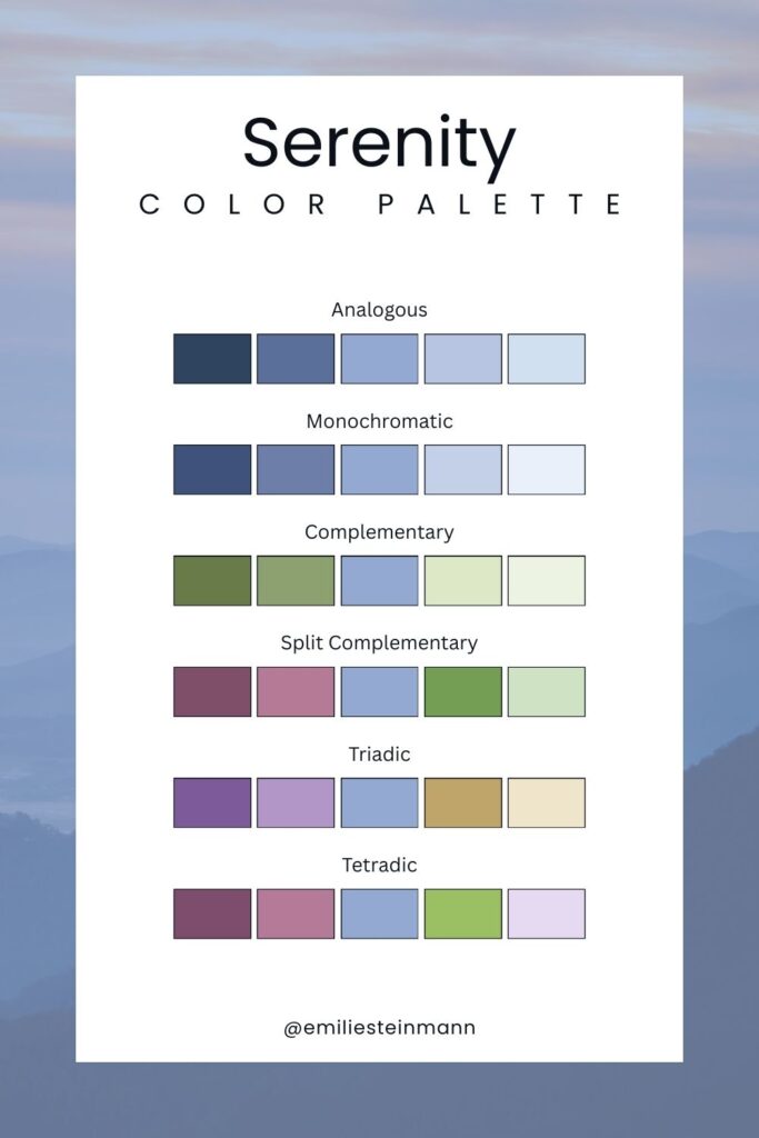 Pantone Color of the Year Serenity color palette showcasing calm blue hues organized into standard color harmony schemes for branding and design.