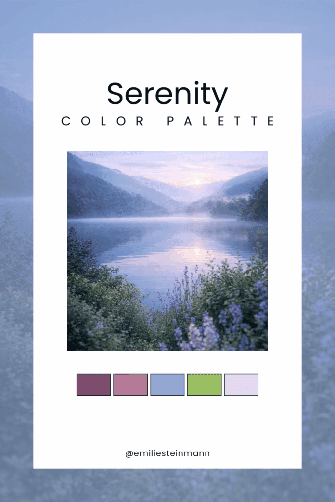 Pinterest graphic featuring a Serenity misty lake landscape with soft blue water, distant mountains, lavender wildflowers, gentle green accents, and swatches inspired by the Pantone Color of the Year palette.