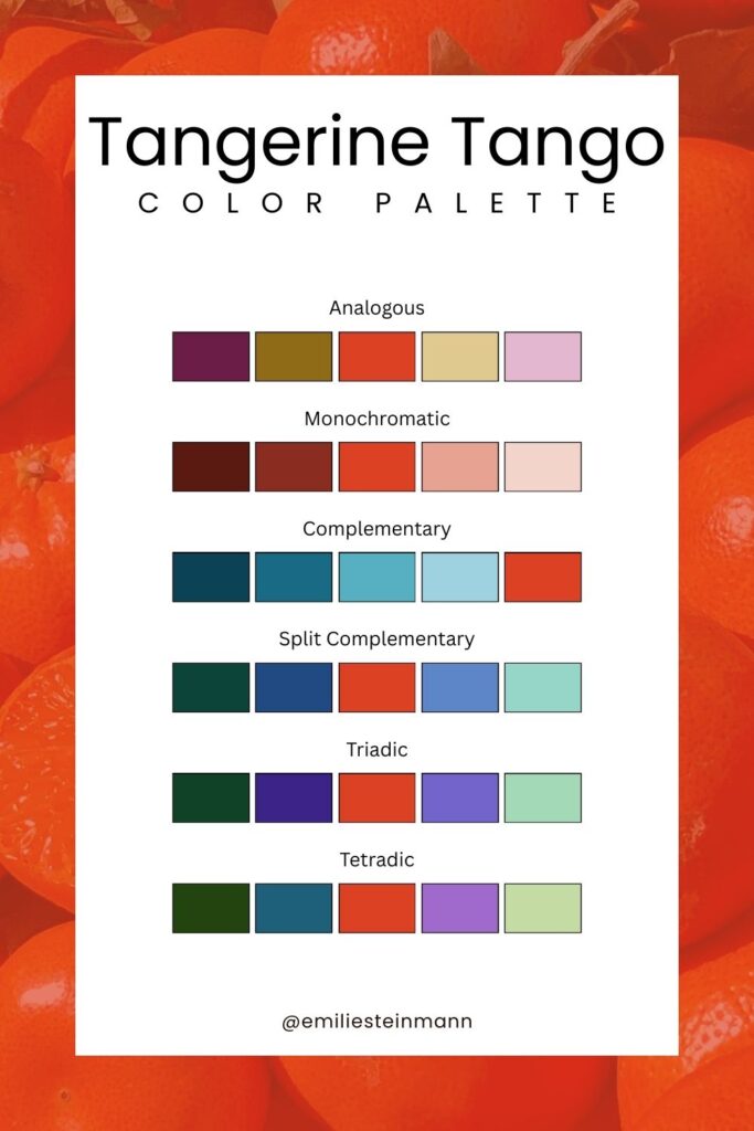 Pantone Color of the Year Tangerine Tango color palette graphic highlighting bold orange tones across analogous, complementary, and triadic color schemes.