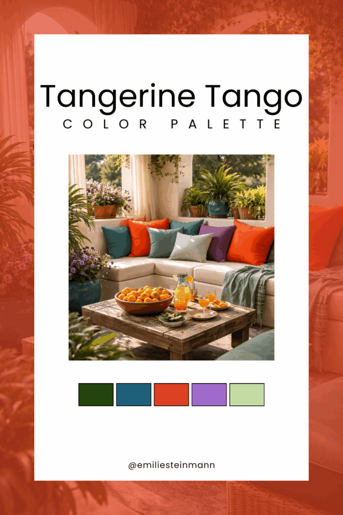 Pinterest graphic featuring a Tangerine Tango patio seating scene with bold orange cushions, fresh citrus accents, lush greenery, and coordinating swatches inspired by the Pantone Color of the Year palette.