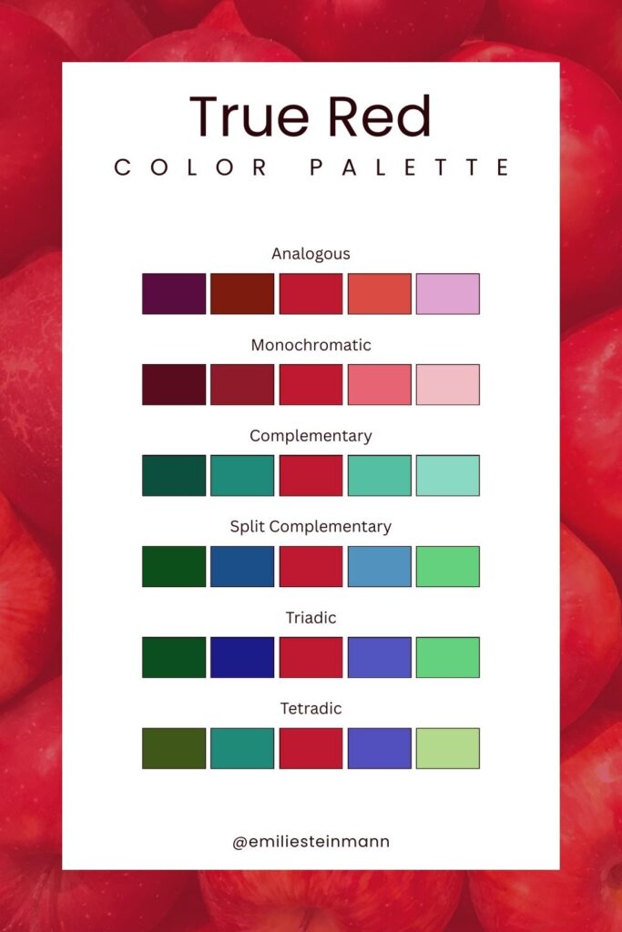 Pantone Color of the Year True Red (2002) color palette graphic displaying structured color relationships across analogous, monochromatic, complementary, split complementary, triadic, and tetradic schemes.