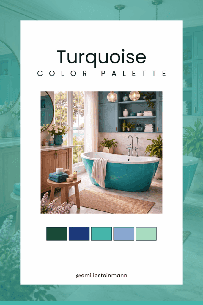 Pinterest graphic featuring a Turquoise spa-style bathroom with a freestanding turquoise tub, soft wood textures, layered blue-green tones, and coordinating swatches inspired by the Pantone Color of the Year palette.
