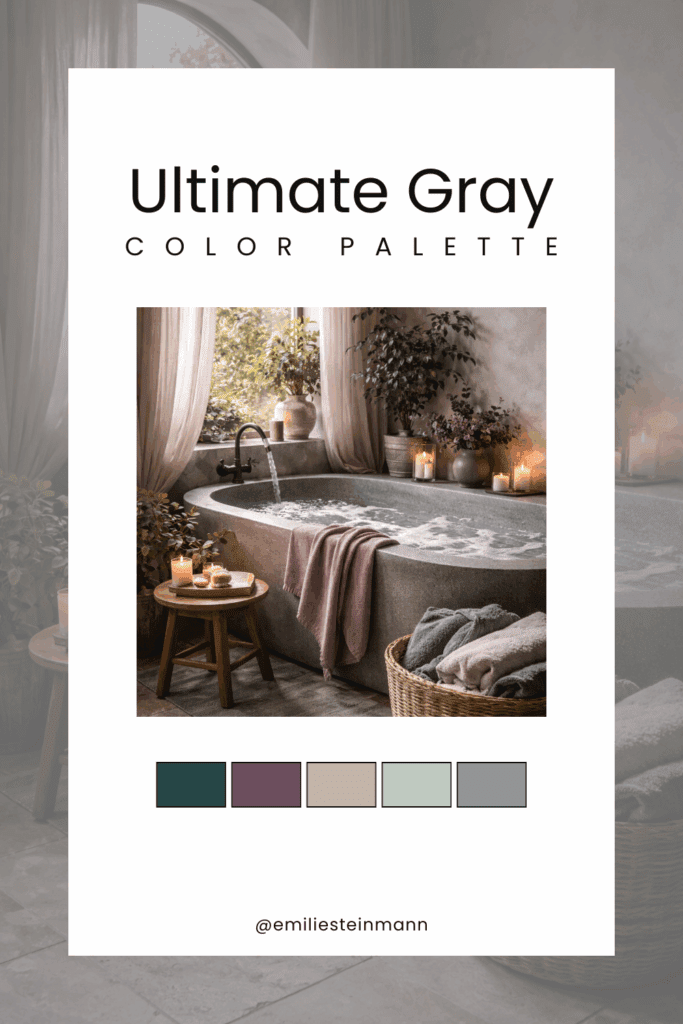 Pinterest graphic featuring an Ultimate Gray spa-inspired bathroom scene with stone tub, soft neutrals, muted green and mauve accents, and swatches inspired by the Pantone Color of the Year palette.
