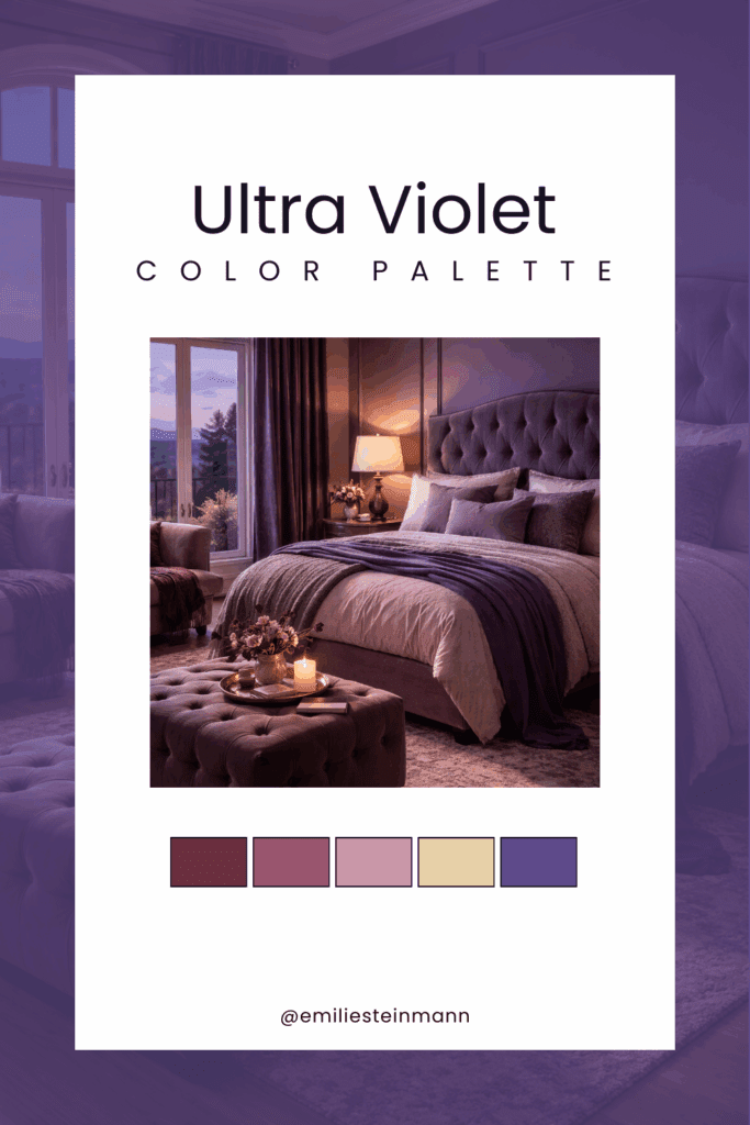 Pinterest graphic featuring an Ultra Violet bedroom interior with layered purple textiles, soft mauve and cream accents, warm lighting, and coordinating swatches inspired by the Pantone Color of the Year palette.