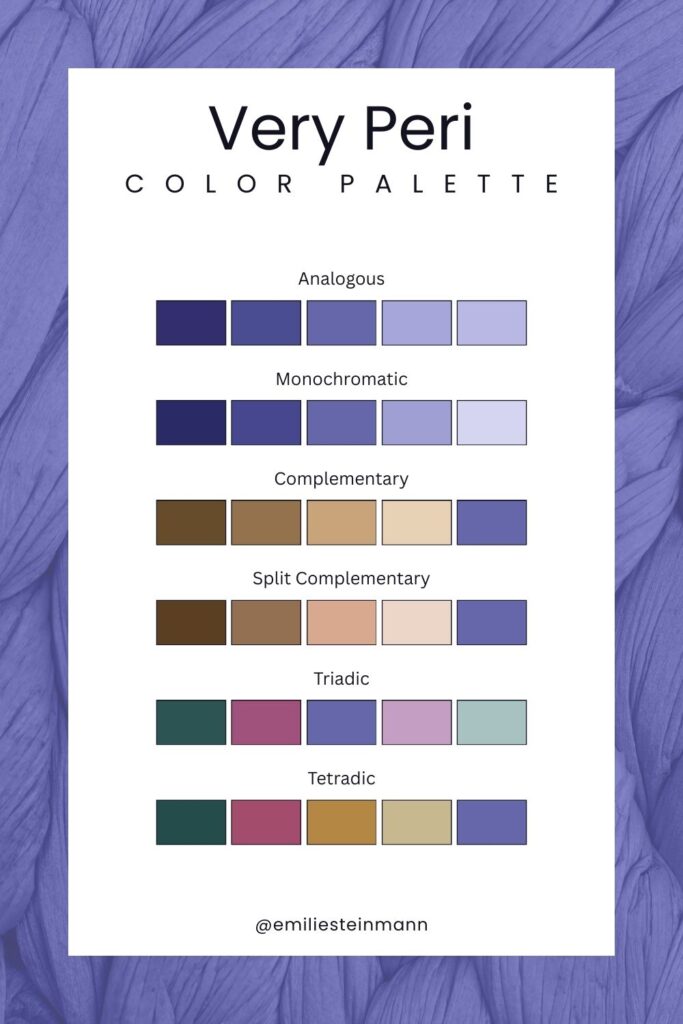 Pantone Color of the Year Very Peri color palette with periwinkle blue shades organized into analogous, monochromatic, complementary, split complementary, triadic, and tetradic schemes.