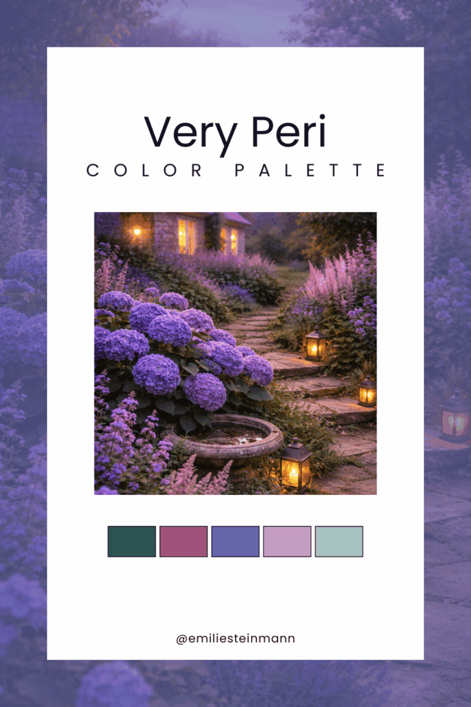 Pinterest graphic featuring a Very Peri garden pathway scene with lavender hydrangeas, soft violet and blue tones, warm lantern light, and coordinating swatches inspired by the Pantone Color of the Year palette.