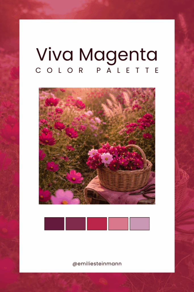 Pinterest graphic showing a Viva Magenta wildflower still life with vibrant magenta blooms, berry tones, soft pink accents, and coordinating swatches inspired by the Pantone Color of the Year palette.