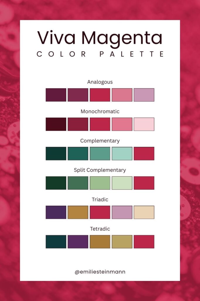 Pantone Color of the Year Viva Magenta color palette showcasing bold magenta tones across analogous, monochromatic, complementary, split complementary, triadic, and tetradic color systems.