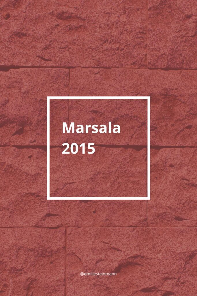 Pantone Color of the Year 2015 Marsala displayed on a warm red-brown stone texture with clean white framing and centered text.