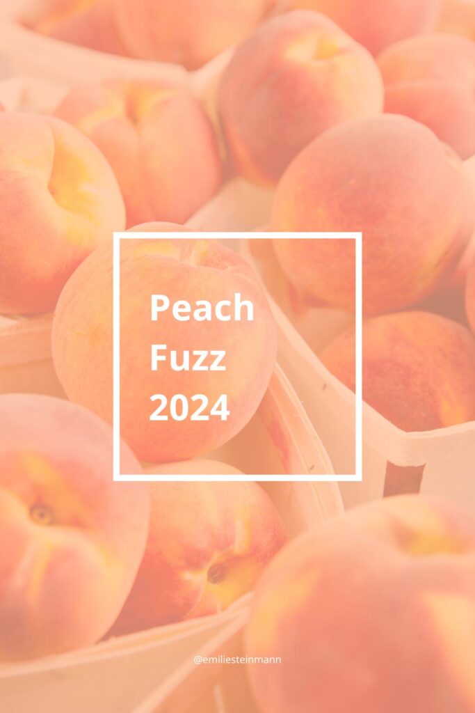 Pantone Color of the Year Peach Fuzz 2024 displayed through softly lit peaches in warm peach and blush tones with clean framed typography.