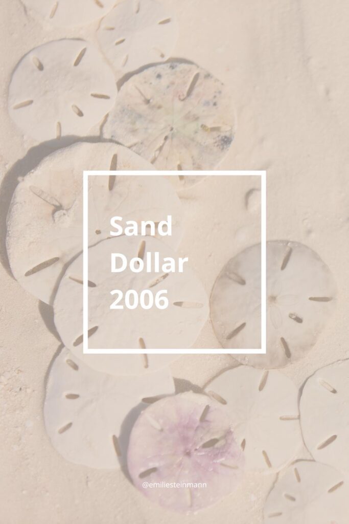 Pantone Color of the Year Sand Dollar (2006) color palette graphic illustrating soft neutral color harmonies including analogous, monochromatic, complementary, split complementary, triadic, and tetradic schemes.