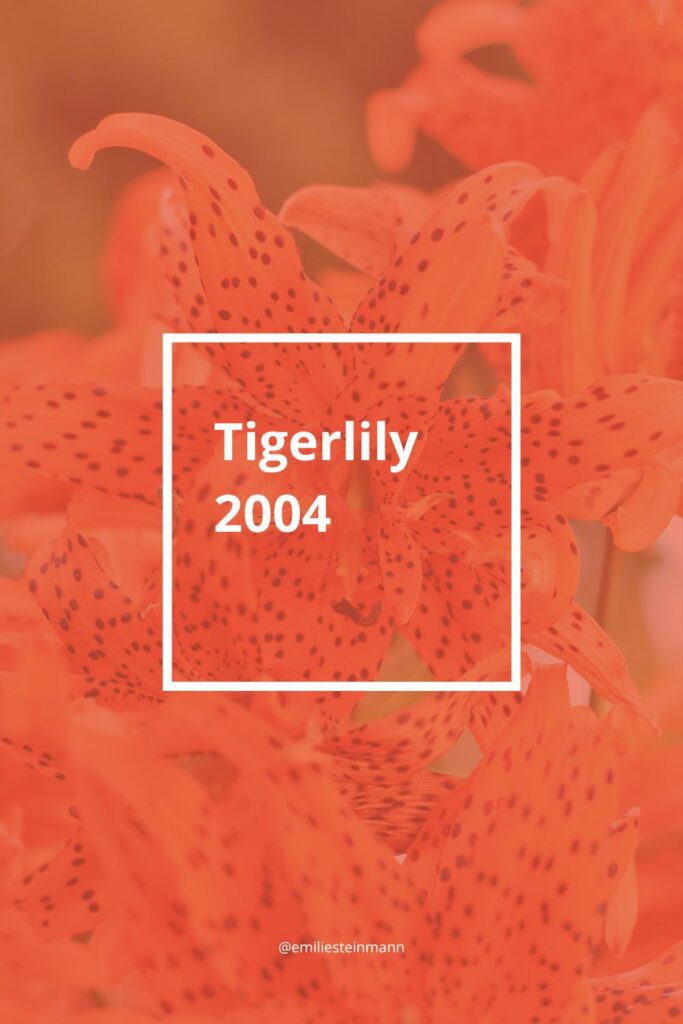 Pantone Color of the Year Tigerlily (2004) color palette graphic displaying vibrant color relationships using analogous, monochromatic, complementary, split complementary, triadic, and tetradic schemes.